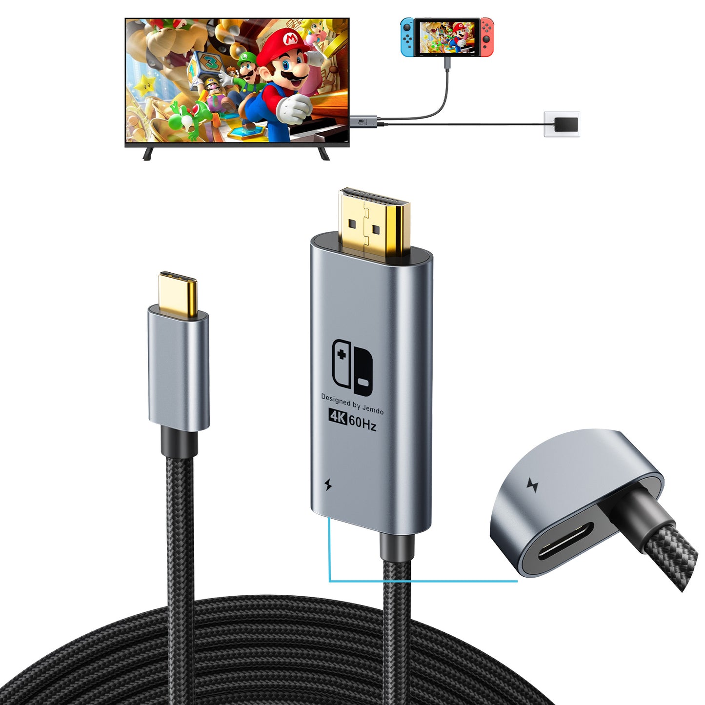 JEMDO Switch Aluminum Alloy Conversion Braided Cable 4K@60Hz|Black
