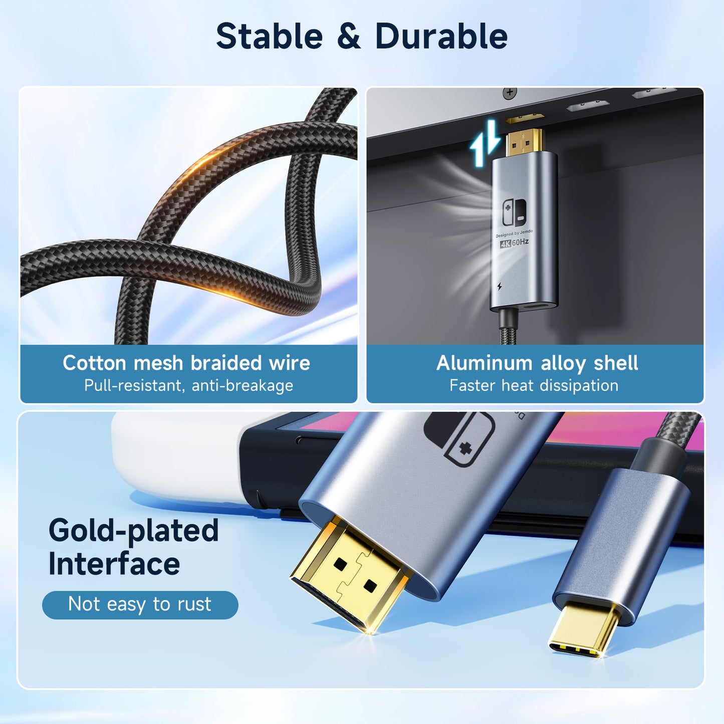JEMDO Switch Aluminum Alloy Conversion Braided Cable 4K@60Hz|Black