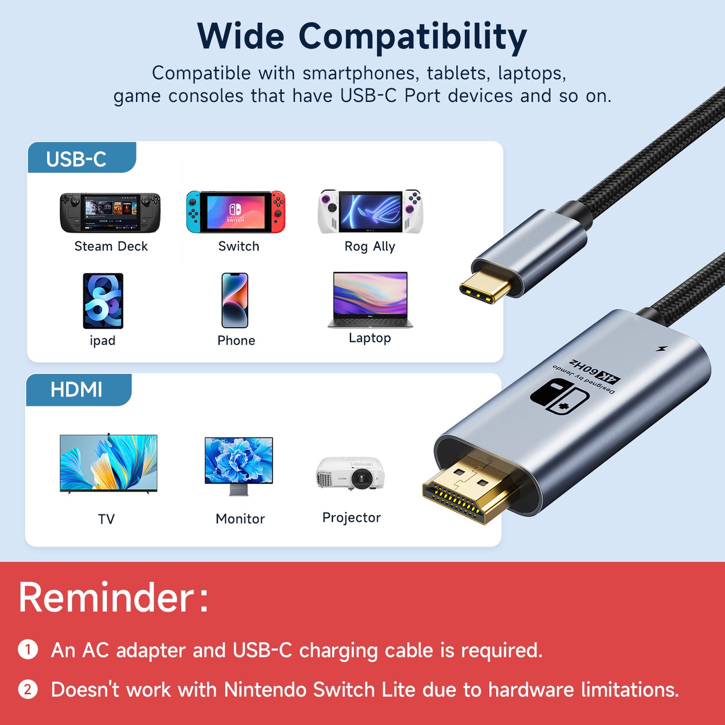 JEMDO Switch Aluminum Alloy Conversion Braided Cable 4K@60Hz|Black