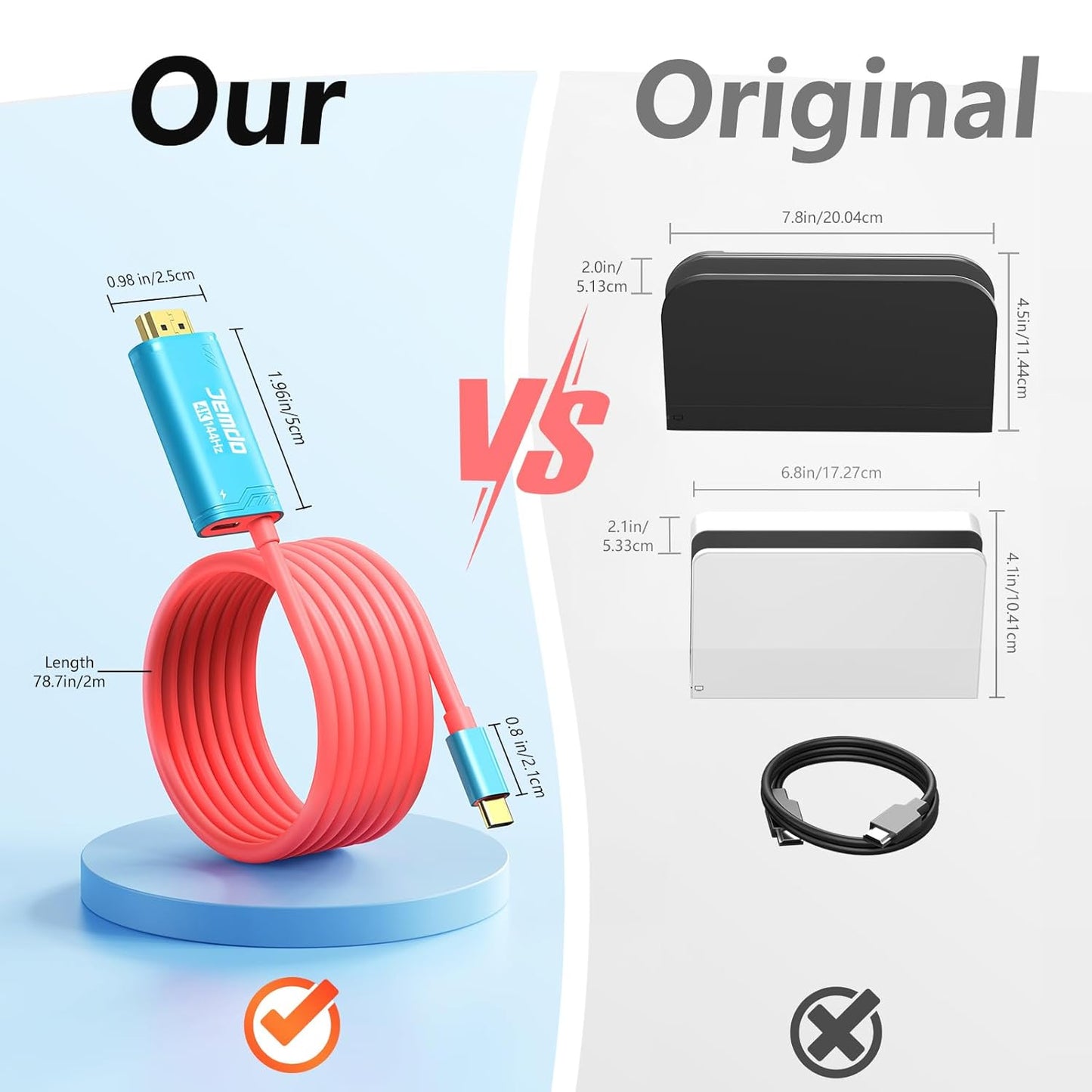 JEMDO Compatible with Switch 2/OLED/NS HD Display Cable Replacement for Original Dock and HDMI Cable, Supporting HDR Mode Gaming Accessories