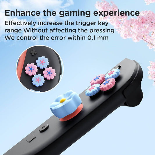 Jemdo Thumb Grips & Button Caps Set Compatible with Nintendo Switch 2 (2025) – 7pcs Pink/Blue Flower Silicone Joystick Caps and Button Covers, Cute & Comfortable Controller Stick Gifts for Girl & Kids