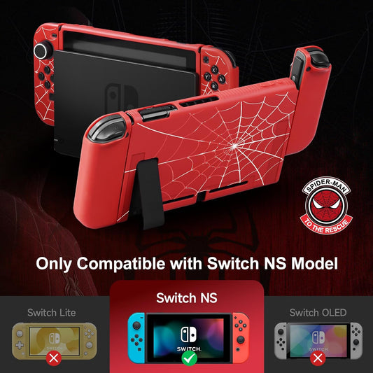 JINGDU Protective Case Compatible with Nintendo Switch 2017, TPU Case Accessory for Switch Console and Grip Joy-Con, Switch Protector with 4 Thumb Grips, Red Spider Web