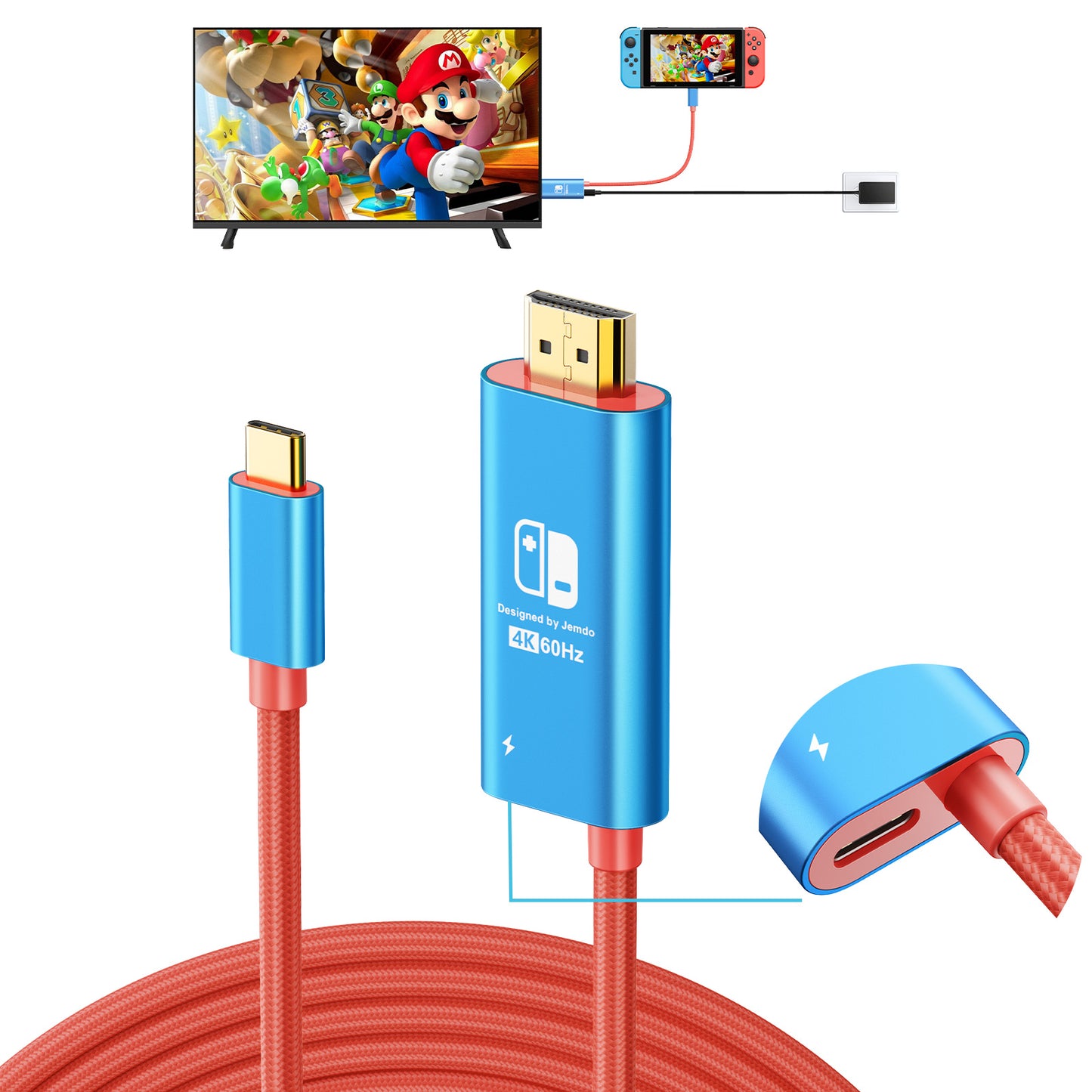 JEMDO Switch Aluminum Alloy Conversion Braided Cable 4K@60Hz|Red