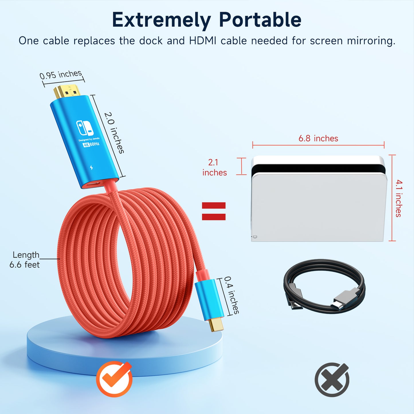 JEMDO Switch Aluminum Alloy Conversion Braided Cable 4K@60Hz|Red