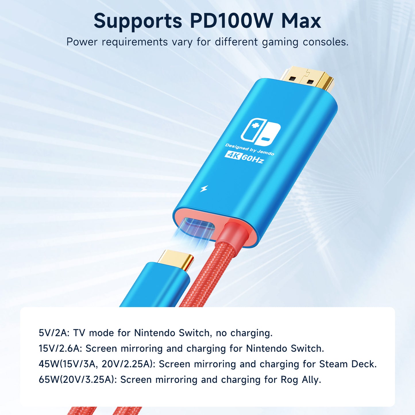 JEMDO Switch Aluminum Alloy Conversion Braided Cable 4K@60Hz|Red