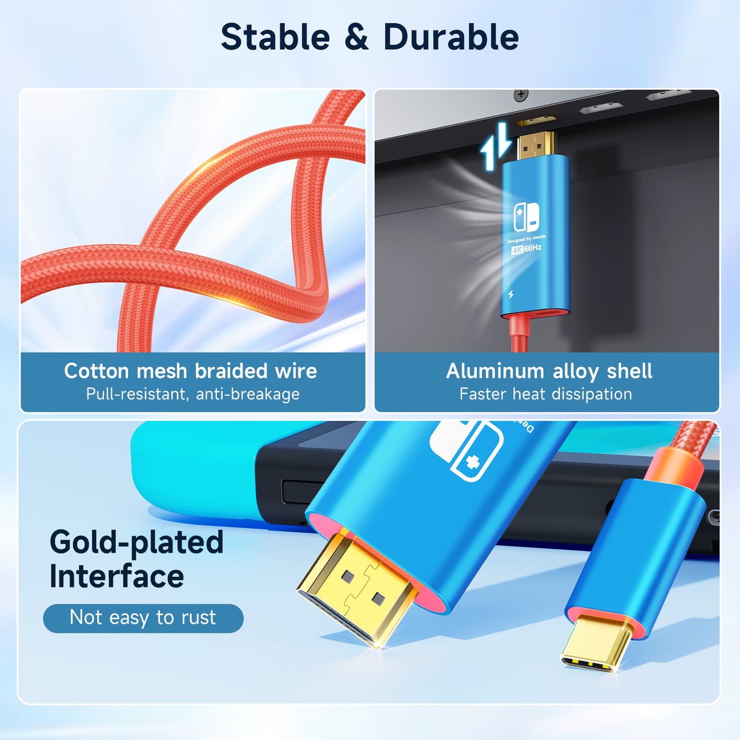 JEMDO Switch Aluminum Alloy Conversion Braided Cable 4K@60Hz|Red