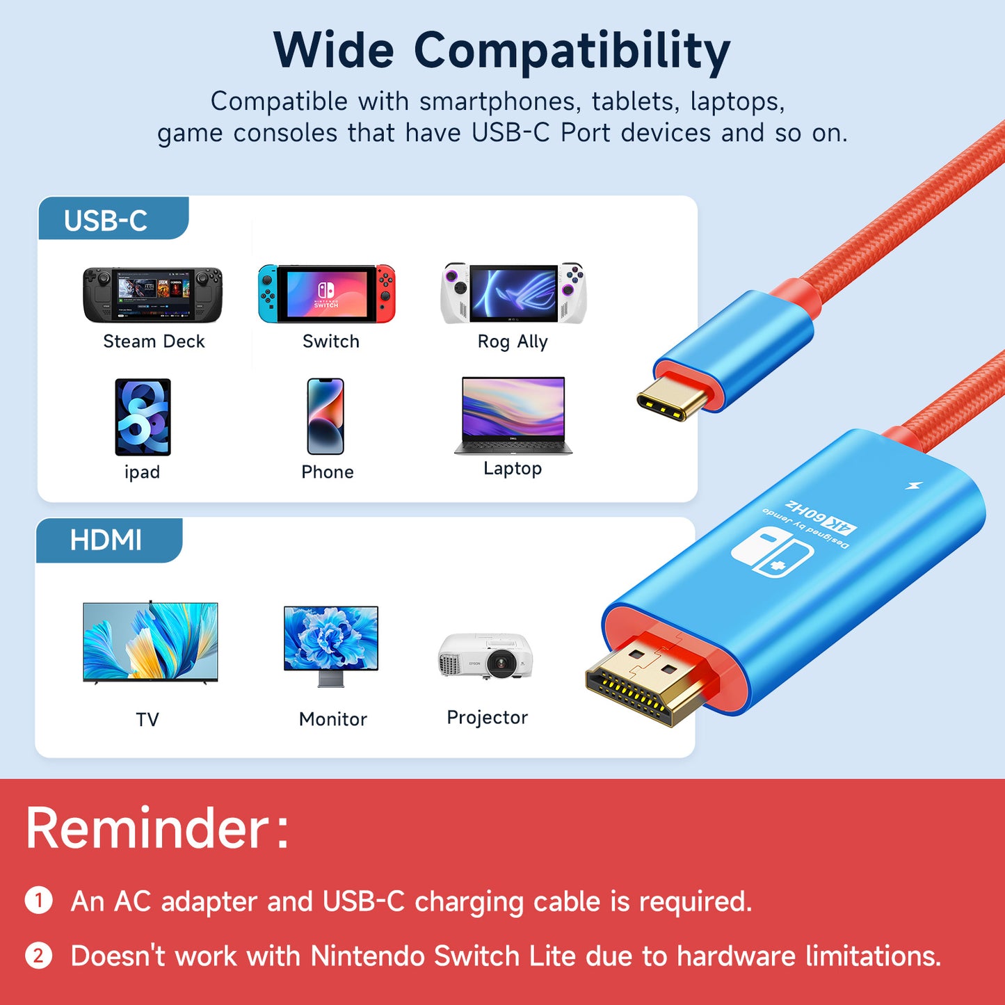 JEMDO Switch Aluminum Alloy Conversion Braided Cable 4K@60Hz|Red