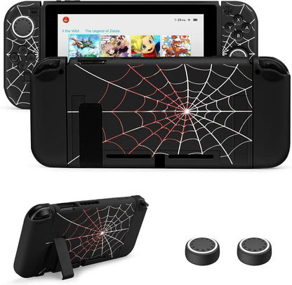 JINGDU Protective Case Compatible with Nintendo Switch 2017, TPU Case Accessory for Switch Console and Grip Joy-Con, Switch Protector with 4 Thumb Grips, Red Spider Web